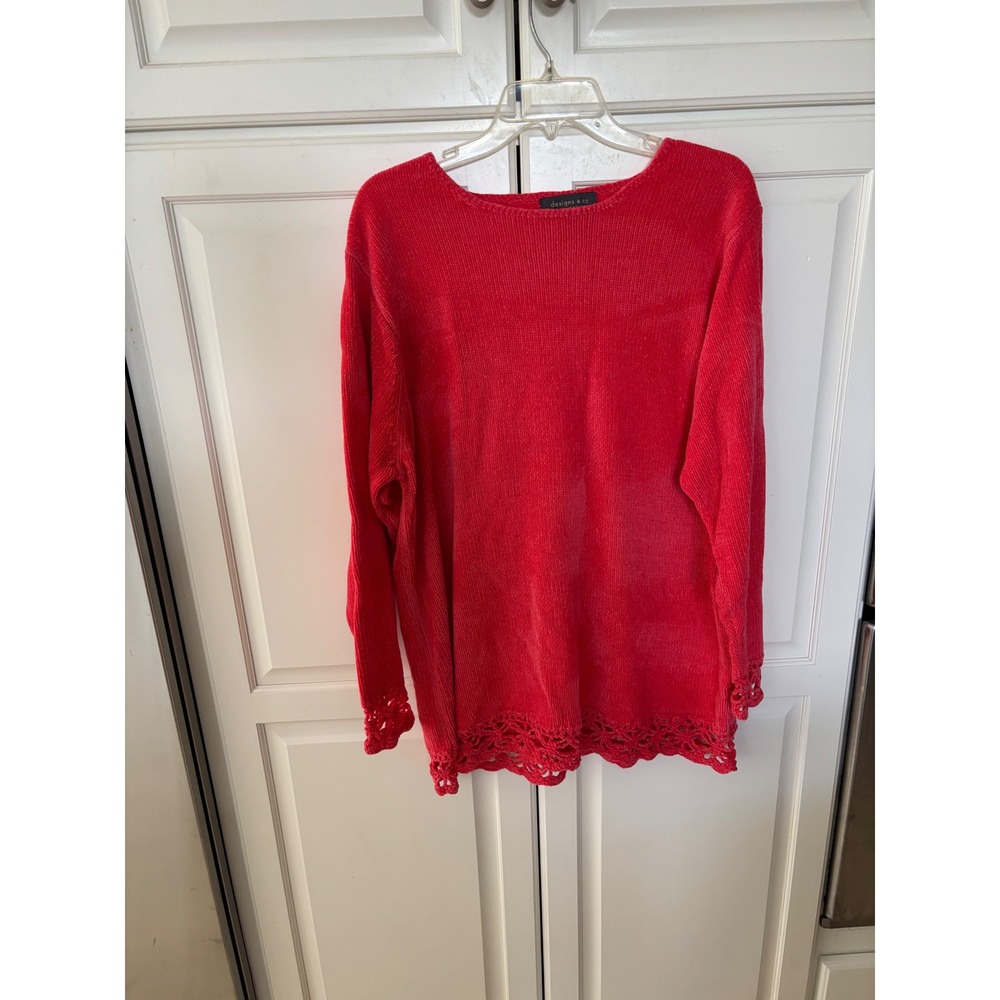 Lane Bryant Designs & Co Red Chenille Crochet Lace Trim Sweater Plus 18/20